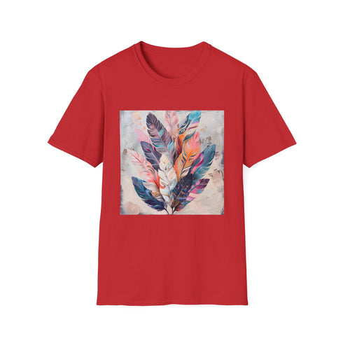 Charcoal crew neck t-shirt with vibrant bohemian feather design