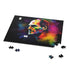 Neon watercolor Steve Jobs jigsaw puzzle with vibrant colors.