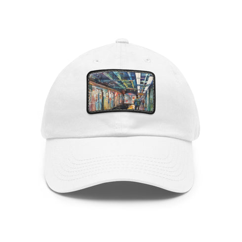 White cotton New York Subway watercolor snapback cap with light brown patch.