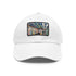 White cotton New York Subway watercolor snapback cap with light brown patch.