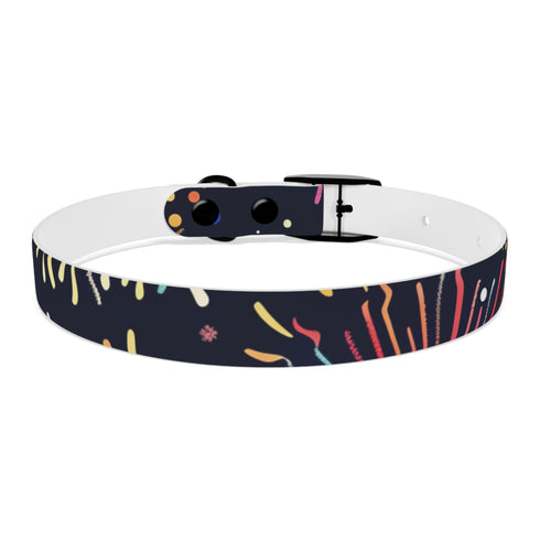 Vibrant M size black onyx dog collar with festive fireworks pattern.