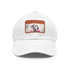 Dalmatian pattern white baseball cap with light brown rectangular patch.