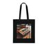 Retro cassette tape design on black cotton tote bag for music lovers.