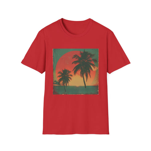 Tropical palm tree sunset graphic tee in charcoal, size small.
