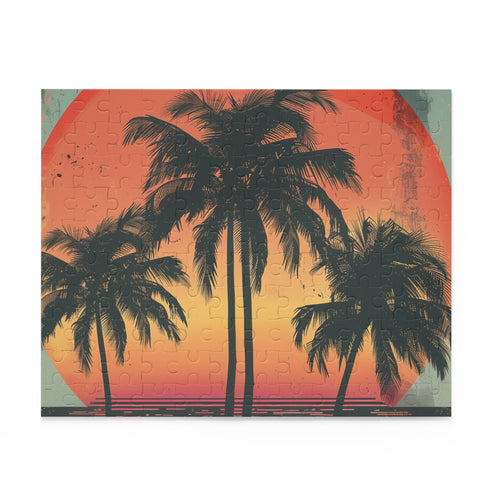 Retro sunset palm tree paradise jigsaw puzzle for relaxation and unwinding