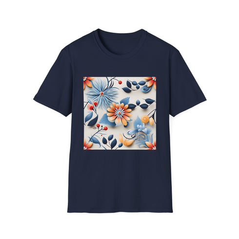 Vibrant charcoal cotton T-shirt with colorful floral pattern and crew neck
