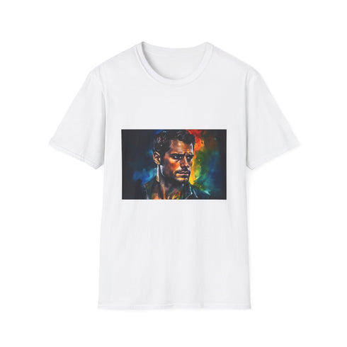 Charcoal crew neck cotton t-shirt featuring vibrant neon watercolor heroic design