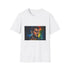 Charcoal crew neck cotton t-shirt featuring vibrant neon watercolor heroic design
