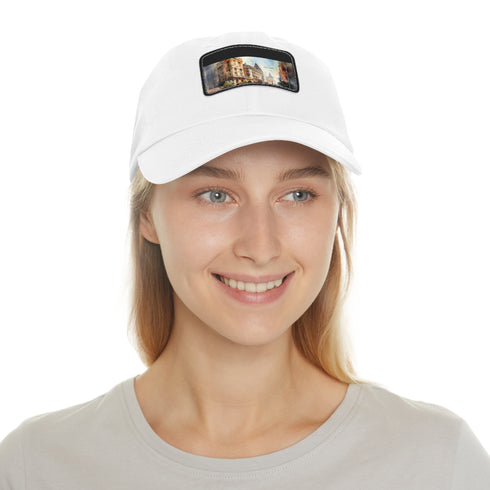 Melbourne skyline snapback cap in white with light brown patch.