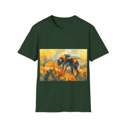 Watercolor bumblebee tee in charcoal for men and women, size small.