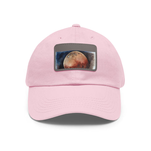 Mars Dreams watercolor baseball cap in white with light brown patch.