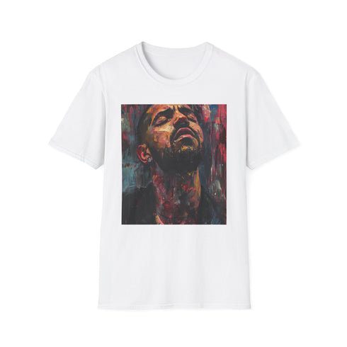 Charcoal crew neck T-shirt featuring Drake's vibrant poetic portrait painting