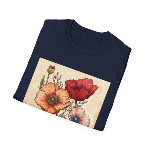 Hand-drawn floral charcoal T-shirt with crew neck and summer-ready design