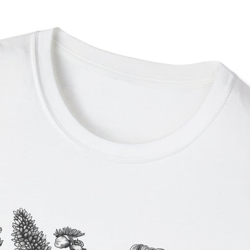 Charcoal hand-drawn floral T-shirt capturing vibrant summer botanical artistry