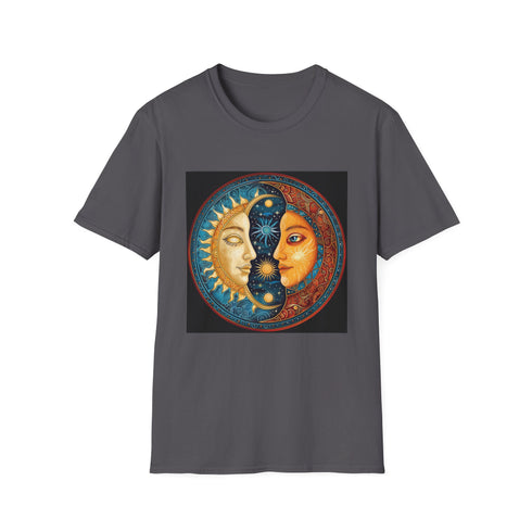 Charcoal cotton t-shirt with sun and moon mandala design