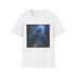 Charcoal cotton t-shirt featuring a moonlit castle graphic in a forest