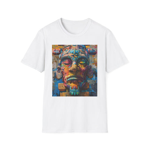 Charcoal crew neck cotton T-shirt with vibrant neon tribal mask painting