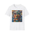 Charcoal crew neck cotton T-shirt with vibrant neon tribal mask painting
