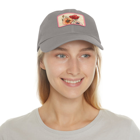 Hand-drawn flowers white baseball cap with light brown rectangular patch.