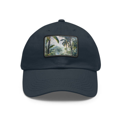 White cotton Congo rainforest themed unisex baseball cap with light brown patch.