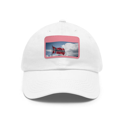 White cotton baseball cap with Norwegian flag patch for Nordic enthusiasts.