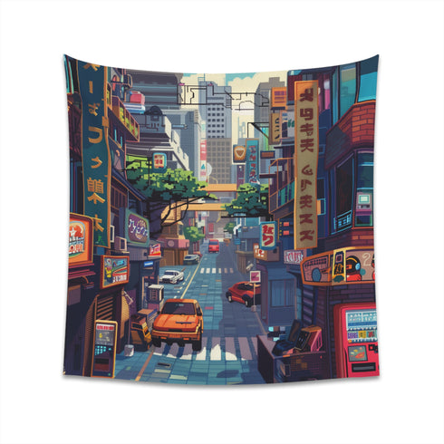 Retro Gamer Pixel Art Tapestry - Nostalgic design capturing the era of arcade classics and 8-bit adventures, perfect gift option