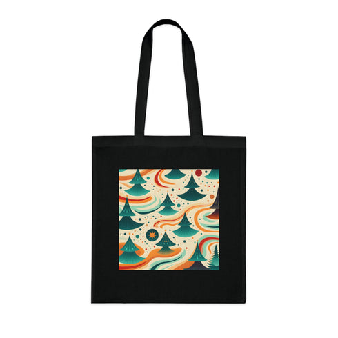 Groovy Waves Retro Tote Bag in Black Cotton with Marine Pattern