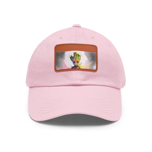 Neon watercolor baby Groot baseball cap with light brown rectangle patch.