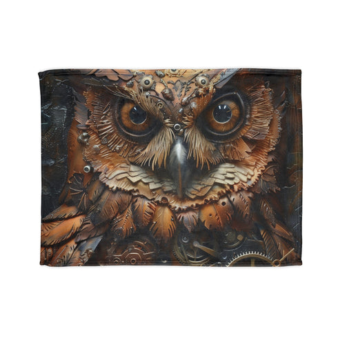 Steampunk owl blanket with industrial gears, perfect for Mother's Day rest.