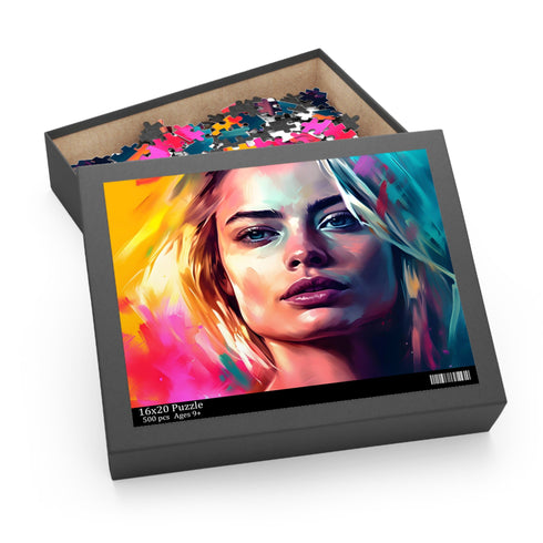 Neon watercolor Margot Robbie jigsaw puzzle, 10" x 8".