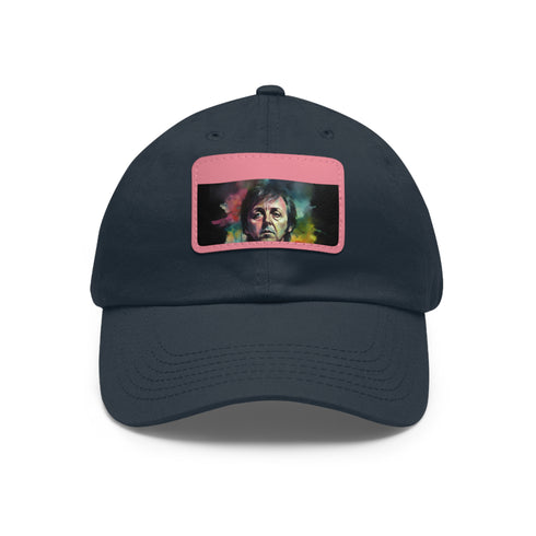 Neon watercolor Paul McCartney baseball cap, white with light brown patch.
