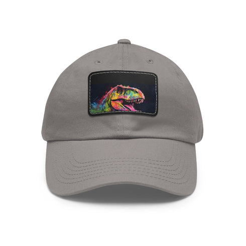 Neon trex themed baseball cap; white with light brown patch.