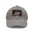 Neon trex themed baseball cap; white with light brown patch.