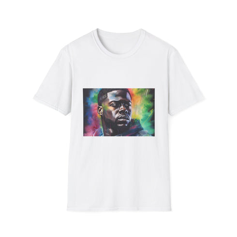 Charcoal crew neck T-shirt with vibrant watercolor neon comedic design