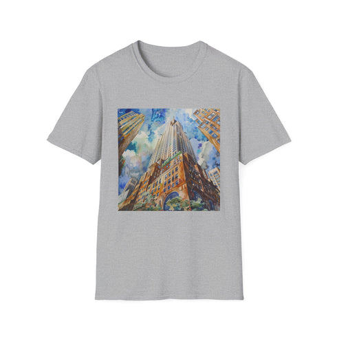 Charcoal cotton T-shirt featuring watercolor Chrysler Building design and crew neck