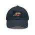 Neon watercolor baseball cap with trex design on white fabric.