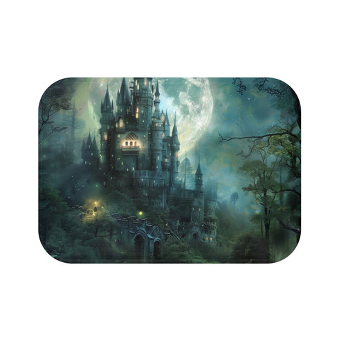 Enchanted Castle Bath Mat with majestic castle in moonlit forest.