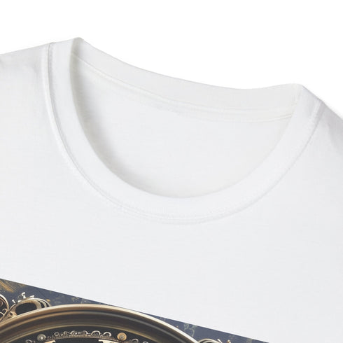 Steampunk symphony charcoal t-shirt, intricate timepiece design, perfect for adventures.