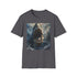 Charcoal cotton t-shirt with vibrant Megalodon painting capturing prehistoric power