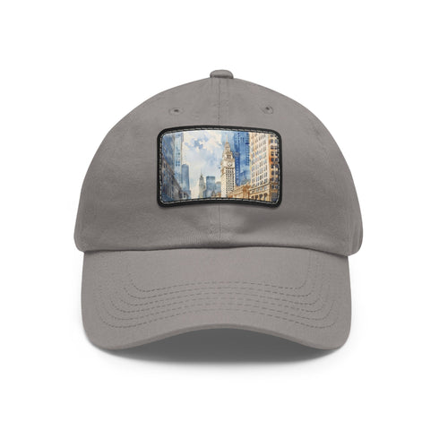 Chicago skyline splatter cap in white with light brown patch.