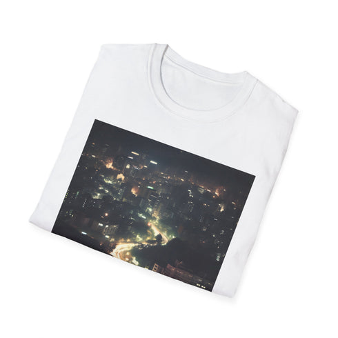 Charcoal crew neck t-shirt with vibrant neon cityscape design.