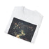 Charcoal crew neck t-shirt with vibrant neon cityscape design.