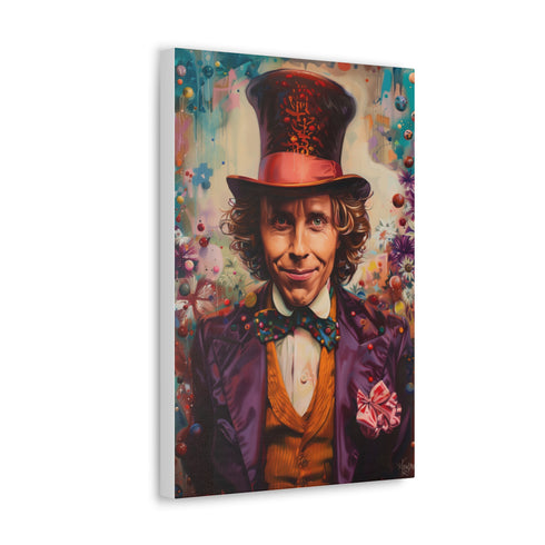 Willy Wonka canvas print, whimsical art decor, colorful, imaginative, indoor hanging.