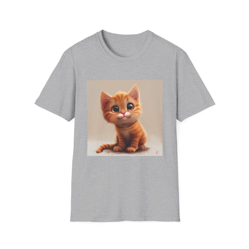 Charcoal cotton crew neck t-shirt with cute cartoon cat design.