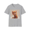 Charcoal cotton crew neck t-shirt with cute cartoon cat design.