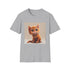 Charcoal cotton crew neck t-shirt with cute cartoon cat design.