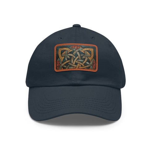 Celtic knot design white baseball cap with light brown patch.