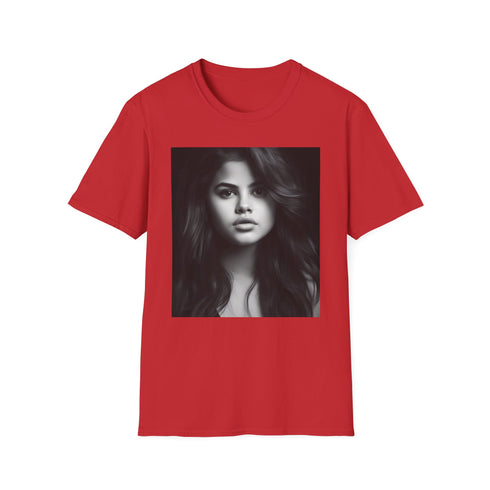 Selenas Gomez Charcoal T-Shirt: Radiant watercolor design, soft cotton.