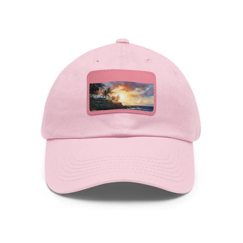 Hawaiian sunset paradise cap in white with light brown patch for beach days.