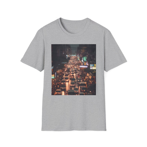 Charcoal crew neck t-shirt with vibrant neon cityscape design on soft cotton